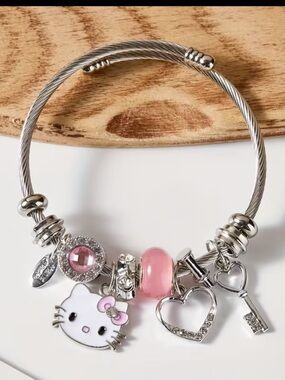 Hello Kitty Pink & Silver Charm Bangle Bracelet